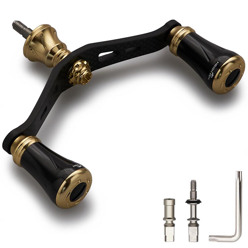 HEIGHTEN 90mm Reel Handle Shimano Daiwa Universal Carbon Cloth Carbon Crank Handle for Spinning Reels Chess Series Knob Black 1.5K (19mm - & Gold)