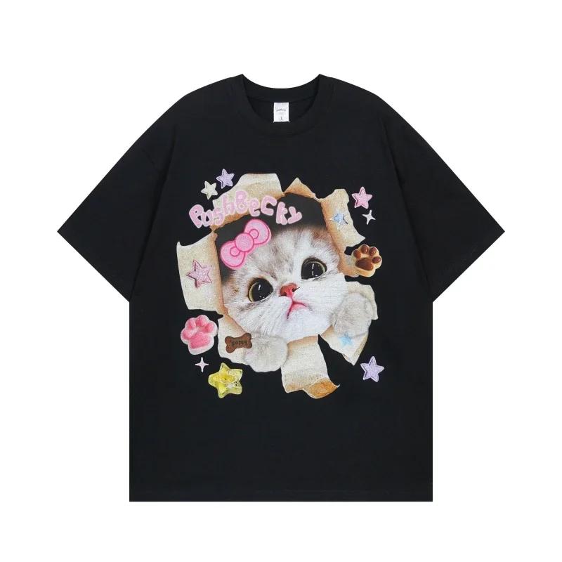 Funny Kitten Puppy Cartoon Women T-shirt Top Harajuku Streetwear Y2k Fashion Kawaii Clothes Cute Graphic Printed Unisex T Shirt