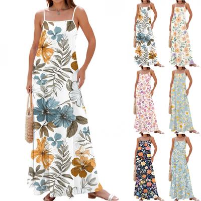 Women's Spring And Summer Casual Fashion Adjustable Suspenders Printed Long Dress