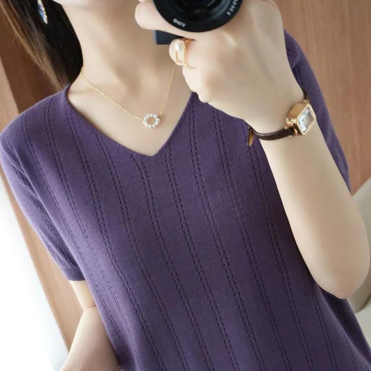 Women's Summer Ice-Silk Short-Sleeve Loose-Fit Korean-Style T-Shirt Solid Color Tummy-Covering Base Layer Top
