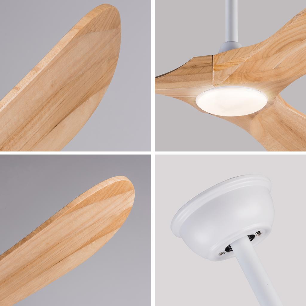 Ventilatore da soffitto da 52 pollici con luce e telecomando, tre pale in legno massello, 3 CCT, dimmerabile, reversibile, 6 velocità, funzione di memoria del timer