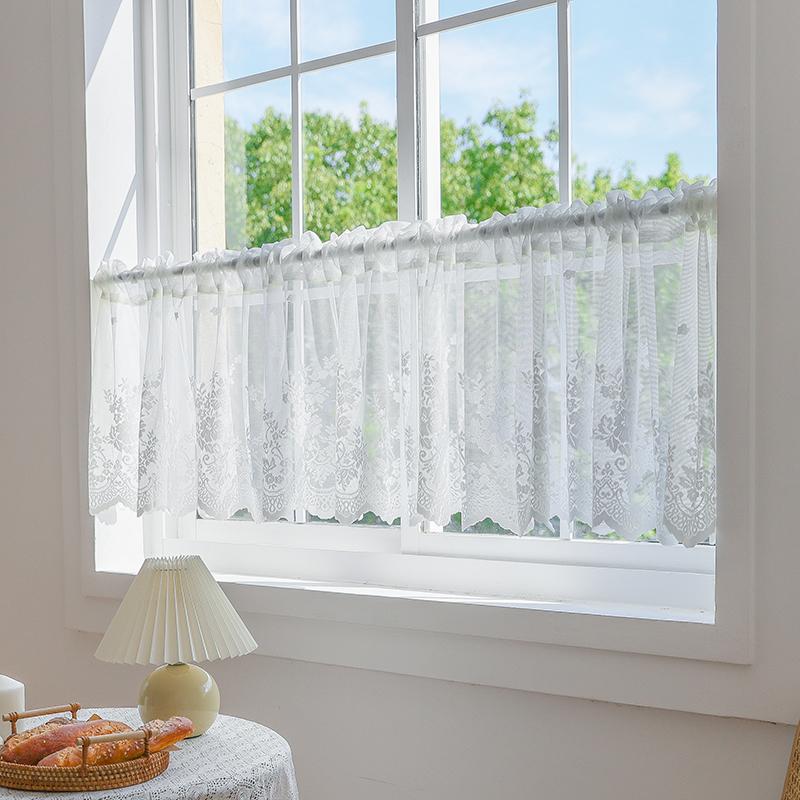 Short Curtain Floral Printed Window Curtains Lace Half Tulle Shade Decorative Curtain for Living Room Bedroom Door Window Decor