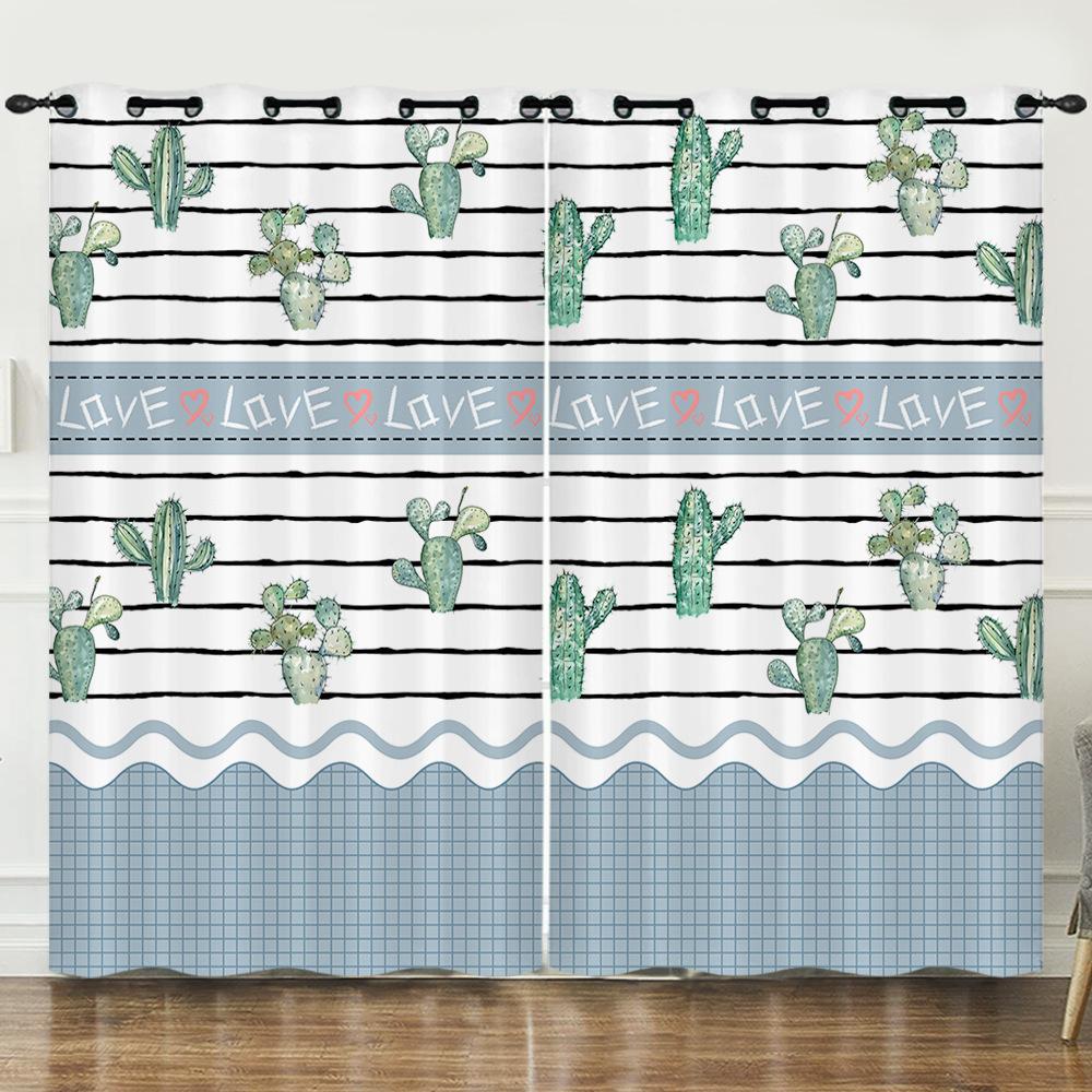 Curtains Fresh Green Plants Hand-Painted Cactus 3D Digital Printing Blackout Curtain Punching