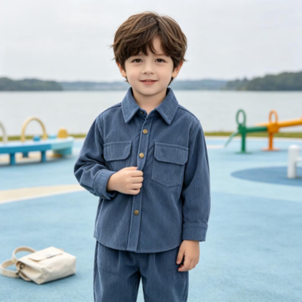 Boys' Casual Cotton Long Sleeve Stand Collar Shirt for Spring Everyday Wear