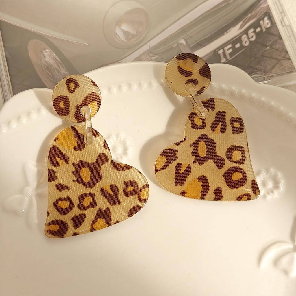 Akrylové náušnice s potiskem leopardí kůže a motivem srdce, Hong Kong styl, Maillard styl, Lehký luxus, Jednoduché, Módní, Univerzální náušnice