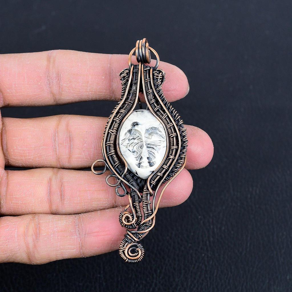 Lady Carved Face 999 Copper Wire Wrapped Pendant, Handmade Gemstone Pendant Jewelry, Gifts For Wife Brand New Pendant