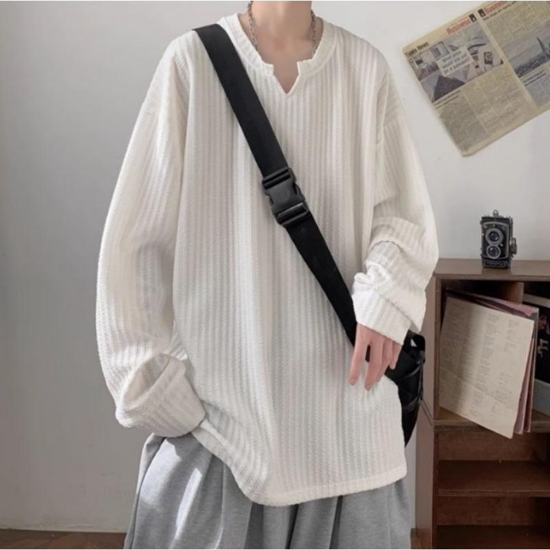 Spring Autumn V-neck Solid Color Casual Fashion Pullover Tee Male Long Sleeve All-match Bottomed T-shirt Top Men