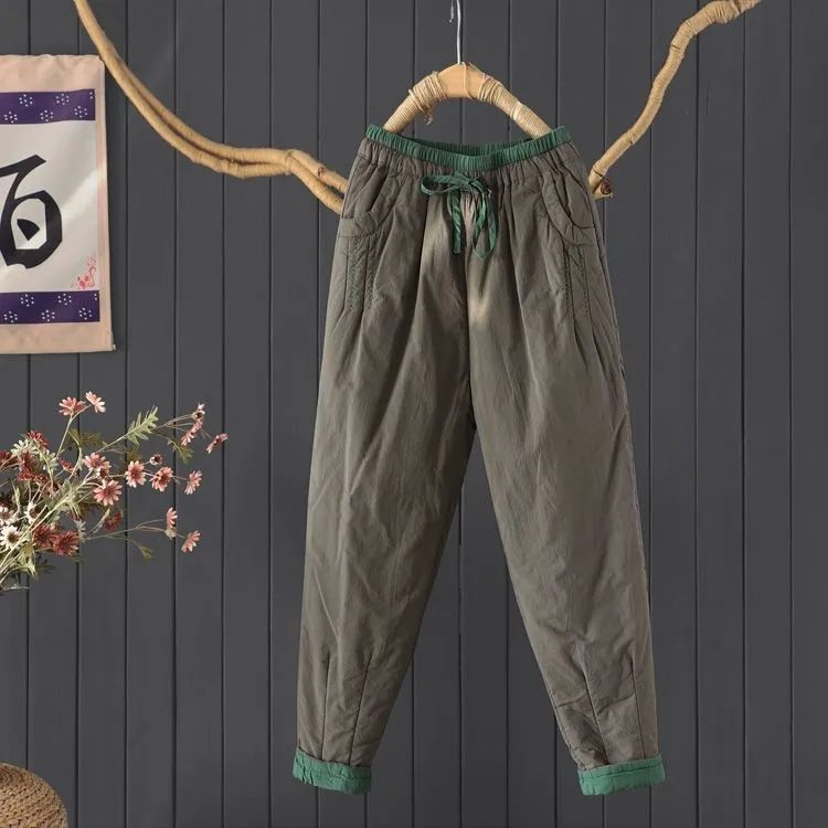 Winter Commute Thickened Warm Harlan Pants Women's Loose Slimming Long Cotton Pants Color Block Design Fashionable Casual Trousers