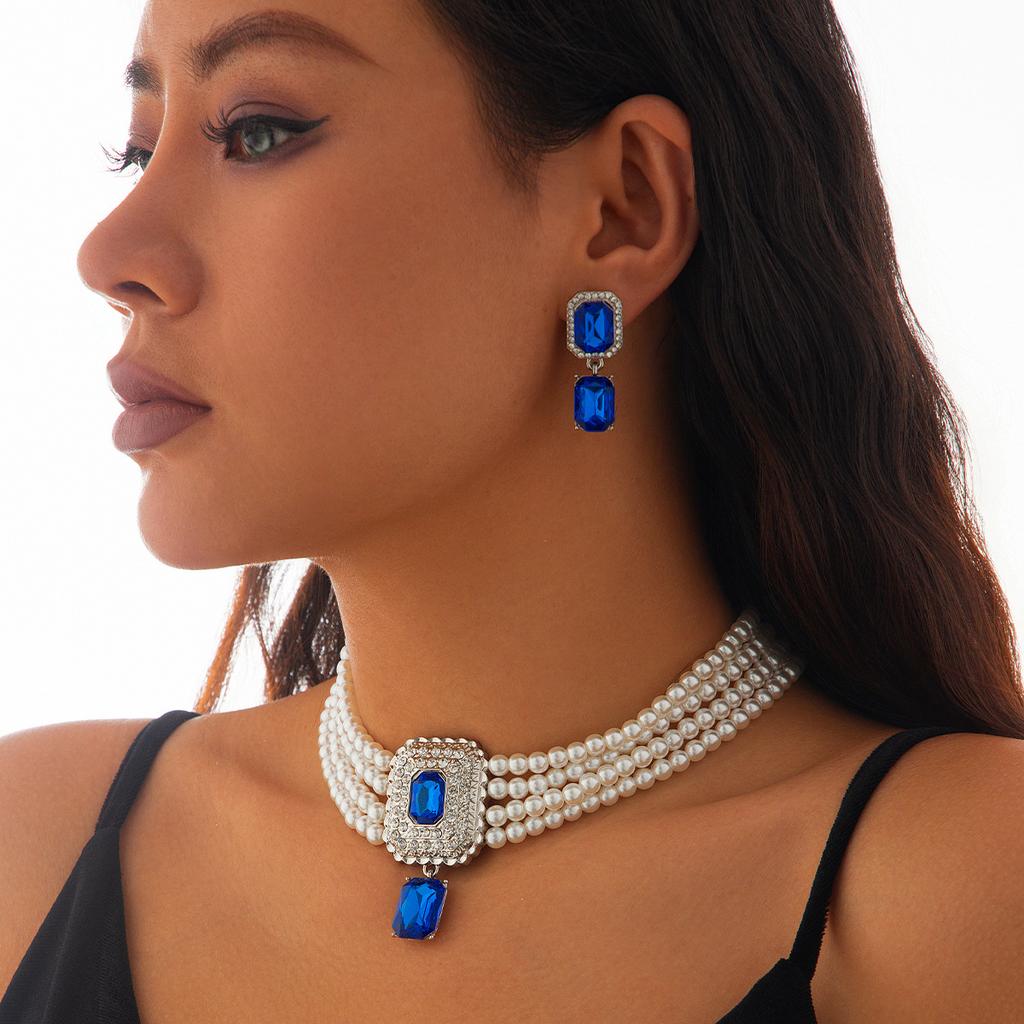 Retro Square Full of Diamonds, Imitation Pearl Choker Necklace, Temperament French Multi-layer Jewelry