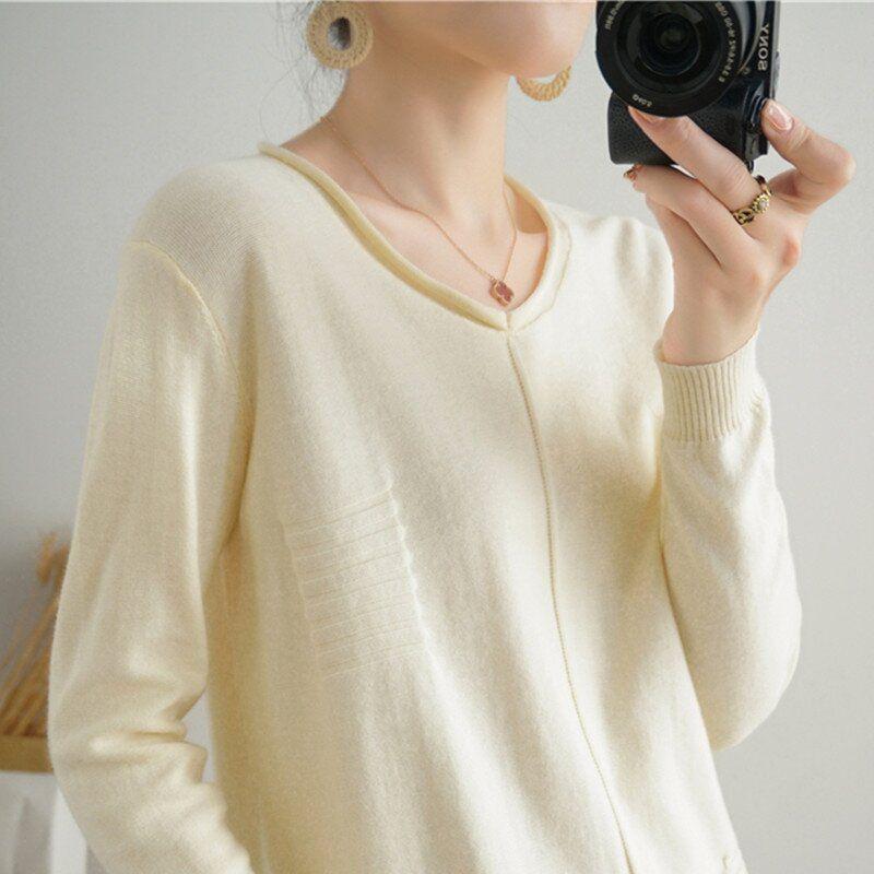 Baumwollpullover im koreanischen Stil mit gerolltem Saum und Rundhalsausschnitt für Damen, langärmlig und locker geschnitten