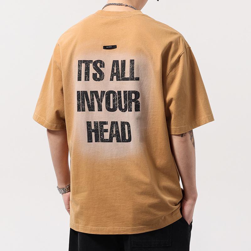 Washed Letters Short-sleeved T-shirt for Men's New Loose American Handsome Men's Base Shirt