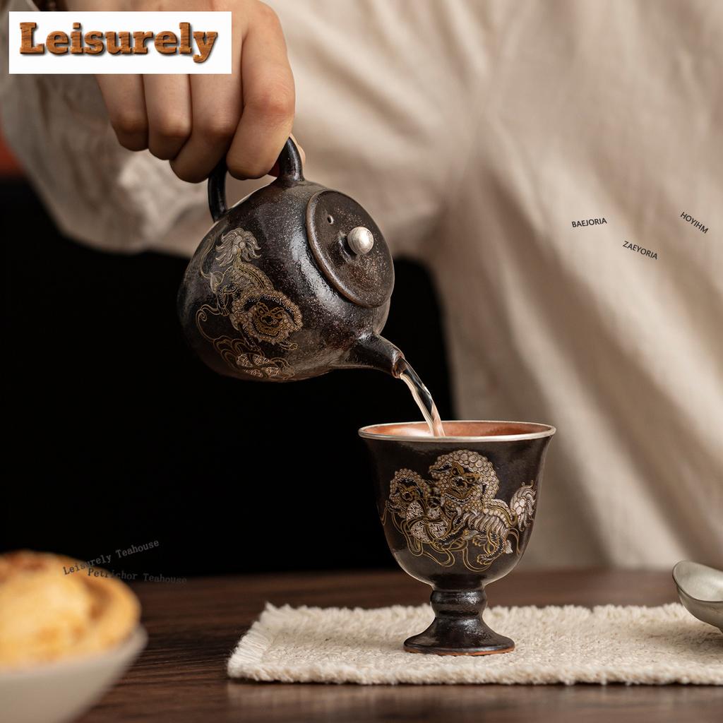 HOYIHM 111ml Gold And Silver Inlaid Black Shino Lion Teapot Handmade Tea Infuser Pot Tea Making Kettle With Strainer Tea Gifts