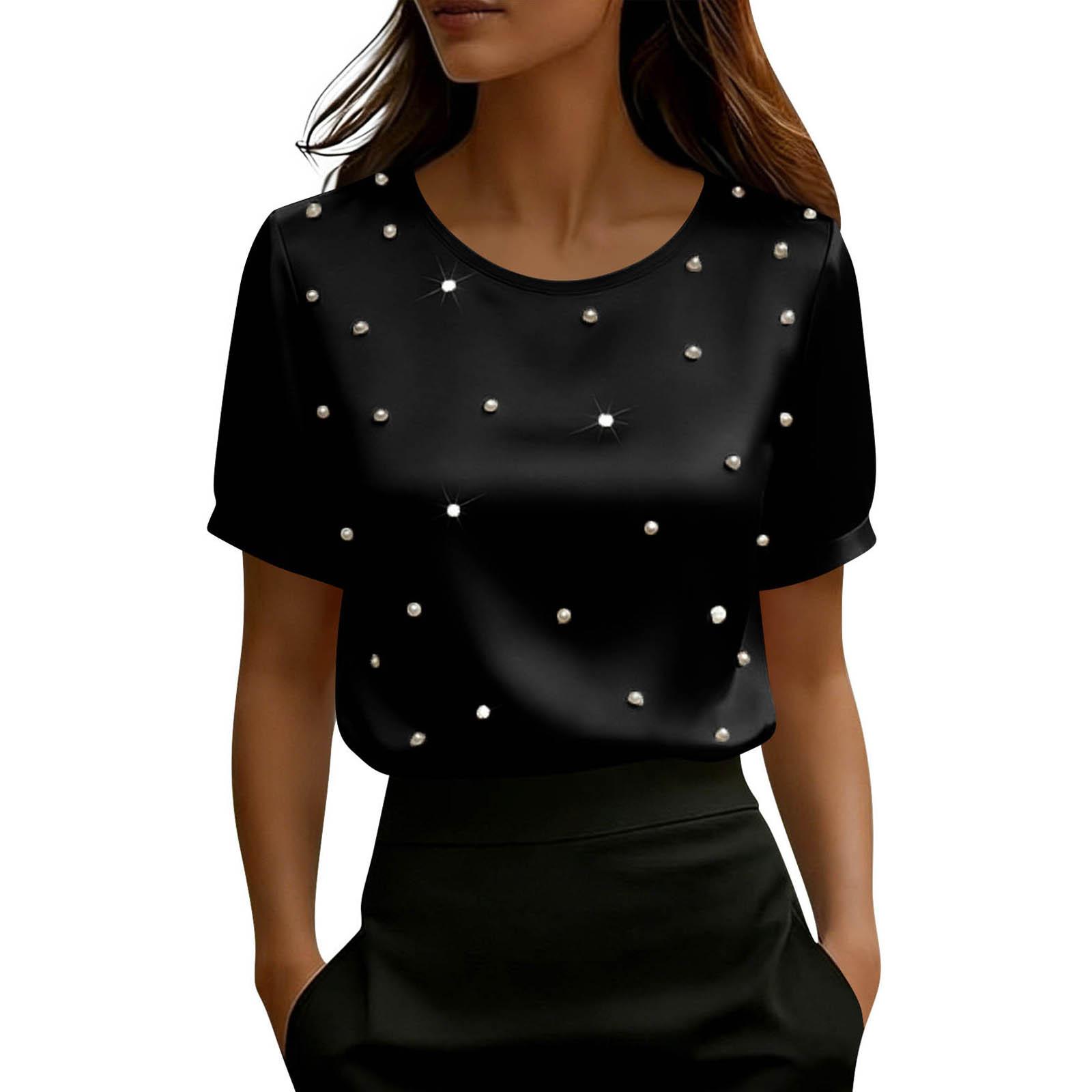 

Женская атласная блузка с жемчужной отделкой, однотонная, с круглым вырезом, короткими рукавами, свободного кроя, повседневная, формальная рубашка. L чёрный