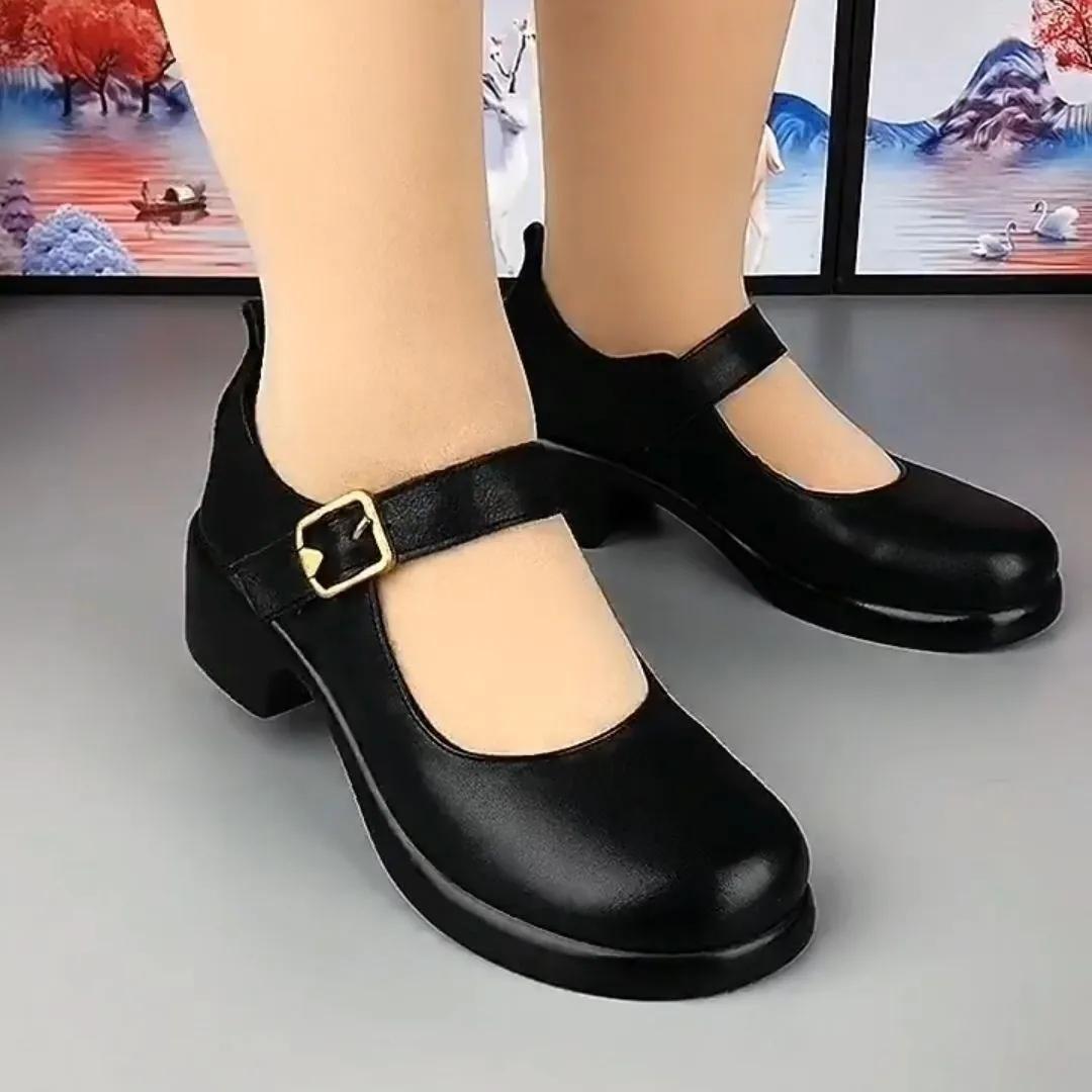 

Мода женская обувь женщины милые черные круглый носок ремешок с пряжкой противоскользящие квадратный каблук туфли леди повседневные коричневые крутые туфли на каблуке ea480 35
