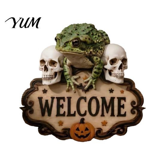 Entrance Door Ornament Halloween Wooden Welcome Sign, Spooky Skull Frog Crow Witch Hanger, Festive Holiday 2D Wall Hanging Sign for Home Party