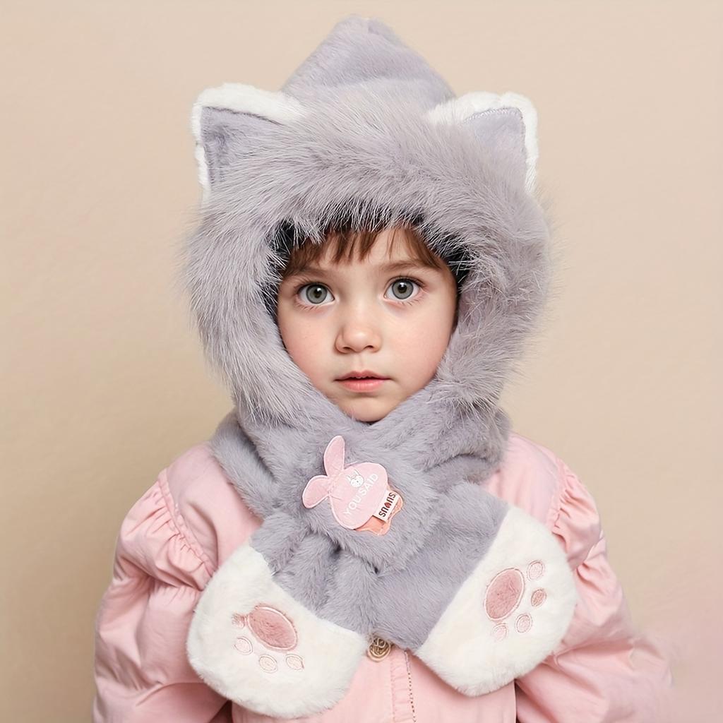 Youngsters Cute Cat Ear Winter Plush Thickened Ear and Neck Protection Daily Warm Cat Paw Embroidery Hat and Scarf Combo