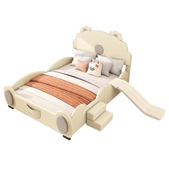 Bear Bed Shape Cartoon with Slide Ladder Ergonomic Design Strong Girl Load Bearing Wood Slat Support Bedroom Furniture