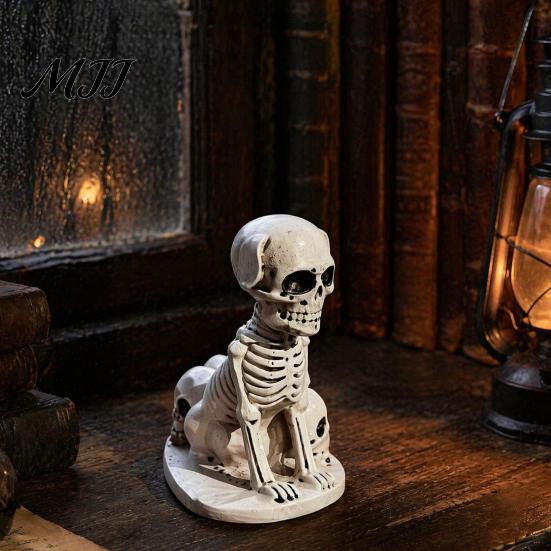 Collectible Resin Pet Sculpture Halloween Dog/Cat Skull Figurine, Gothic Animal Statue Party Atmosphere Decor for Desk Fireplace, Spooky Home Tabletop