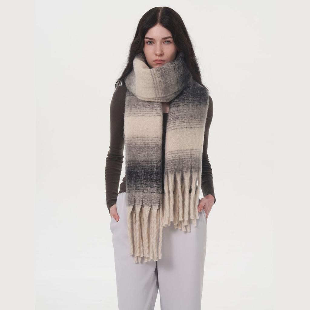 Imitation Cashmere Plaid Women's Winter Enlarged and Widened 50cm Color Matching Warm and Comfortable Striped Plaid Fringed Scarf Shawl
