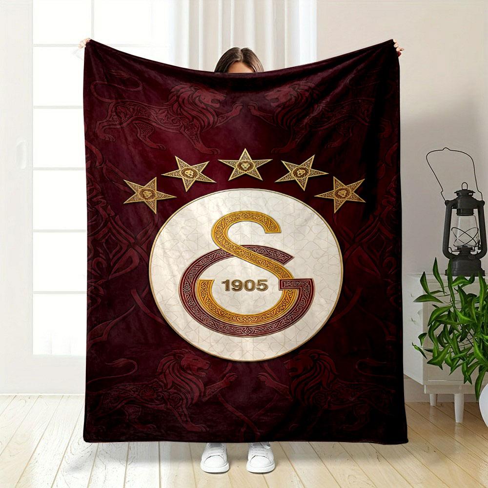 "Golden Lion Emblem with Stars Design" Patterned blanket, flannel, suitable for all seasons, home decor, warm and cozy