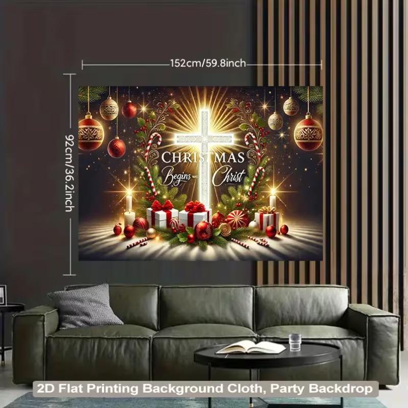 2D Christmas Begins With Christ Cross Backdrop, Religious Holiday Party Photography Banner