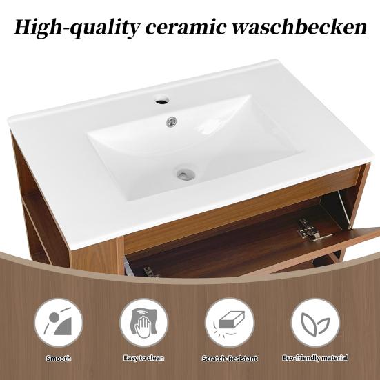 Bathroom Sink Cabinet with Drawer Modern White Wood Grain Heavy Duty Lavatory Wall Mount Ceramic Wash Basin Vanity Cabinet