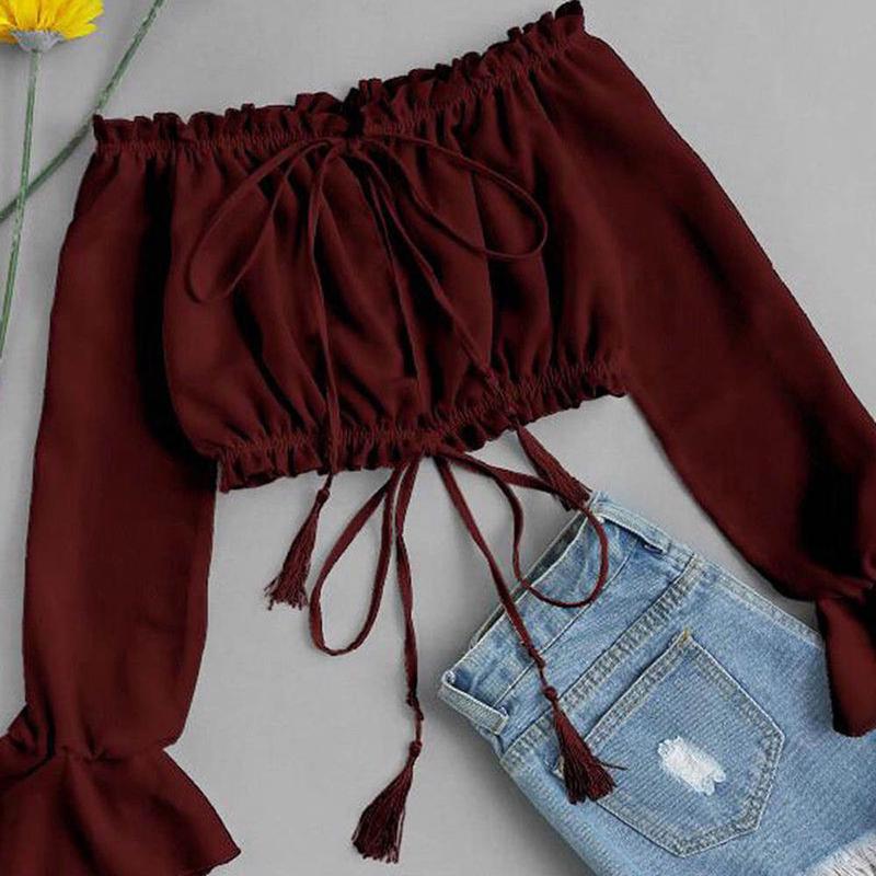 

Літні жінки з плеча зверху довгий рукав пуловер Casual Blouse топи сорочка з брезенним поясом вільні топи XL червоний