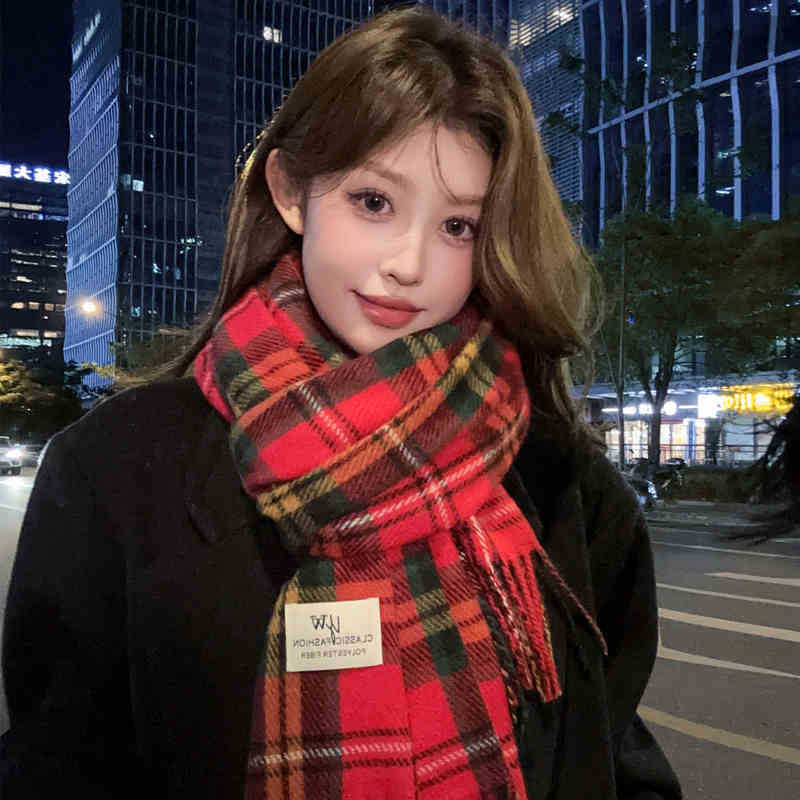 Зимний шарф, женский клетчатый теплый, японский шарф, утолщенный, устойчивый к холоду, мягкий ретро-шотландский в стиле колледжа красный