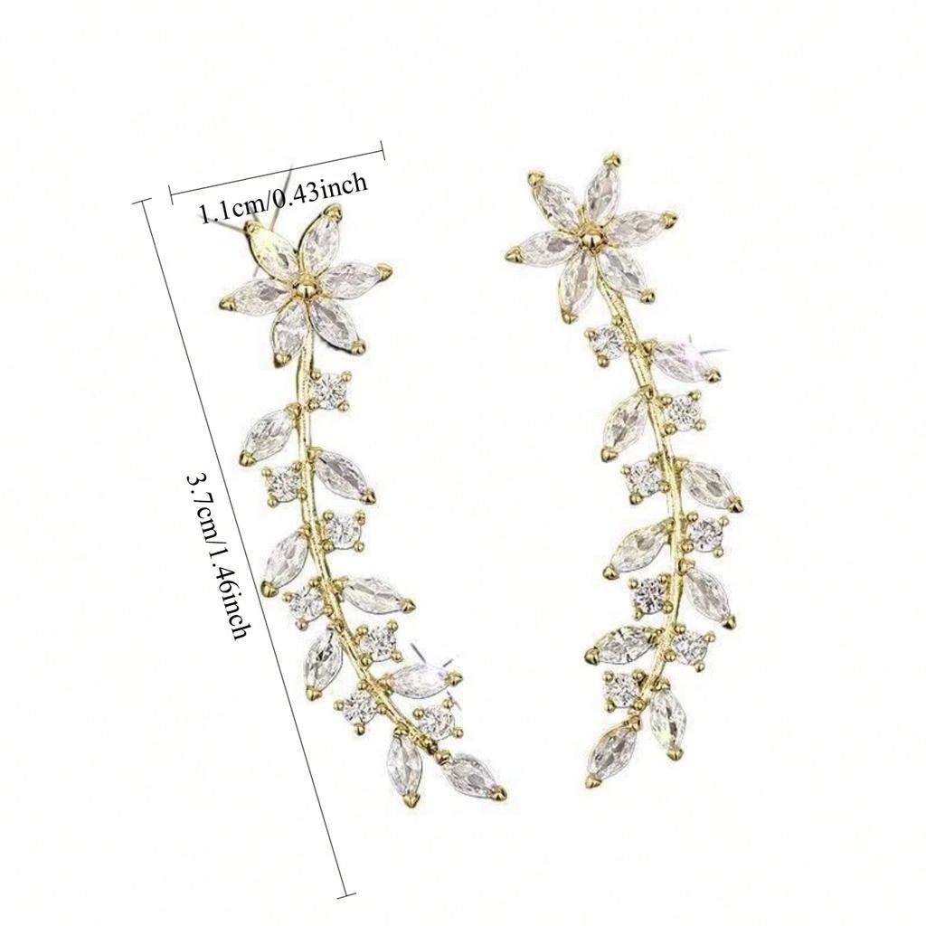 1 Pair of Ladies' Flower Leaf Pendant Earrings, Sparkling Synthetic Zircon Vine Elegant Earrings, Suitable for Weddings, Daily Wear, Birthday Gifts
