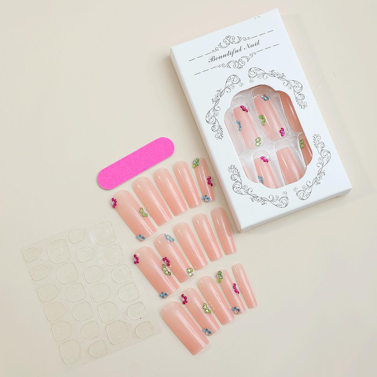 

Дофаминовые Цветочные Стразы Гроб Накладные Ногти - Супер Длинный Телесный Набор Ручной Работы