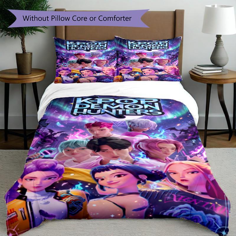 3pcs Duvet Cover Set (1*Duvet Cover + 2*Pillowcase, Without Core), KPop Demon Hunters Print Bedding Set, Bedroom Decor, All‑Season, Gift