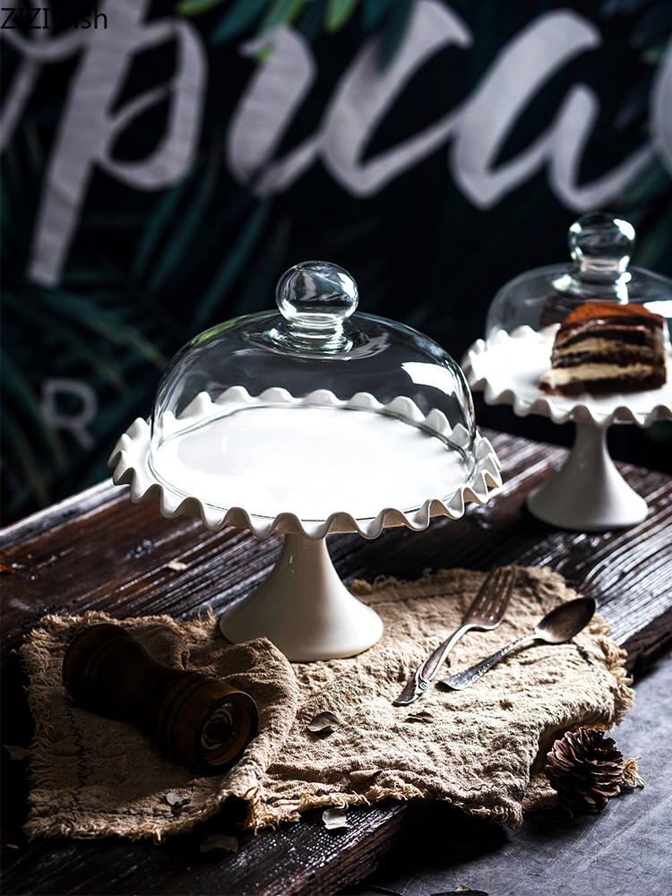 Keramik Kuchenständer Hohe Füße Kuchenplatte Obstschale Desserttisch Displayständer Glasabdeckung Hochzeitsfeier Dekoration Haushalt