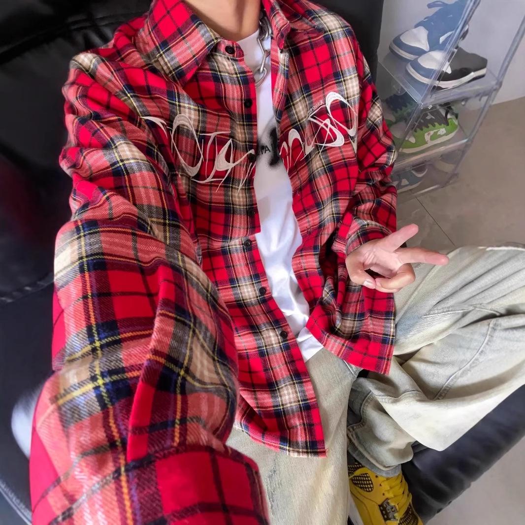 

Men s Retro Embroidered Plaid Long Sleeve Summer Shirt XL