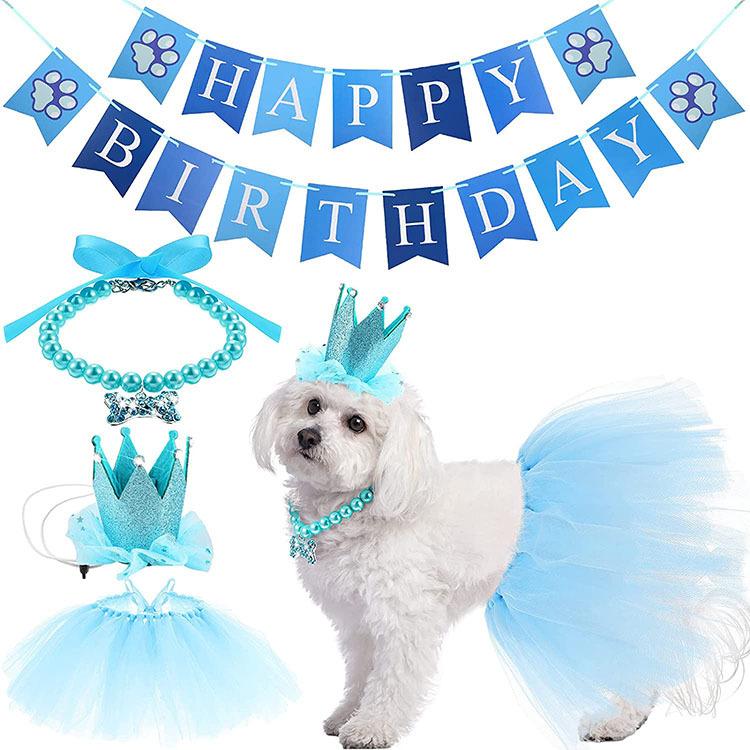 Pet Crown Dress Set Dog Bone Necklace Birthday Banner Dog Party Decoration Supplies Cute Pet Theme Dress Up