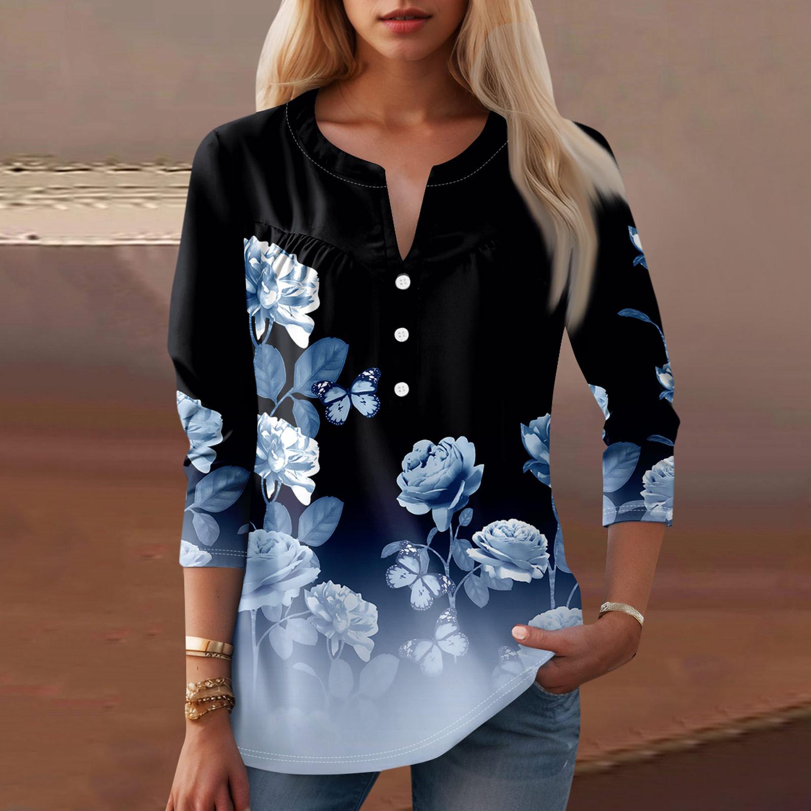 

Жіночий модний повсякденний топ з V-подібним вирізом і квітковим принтом з рукавом три чверті S