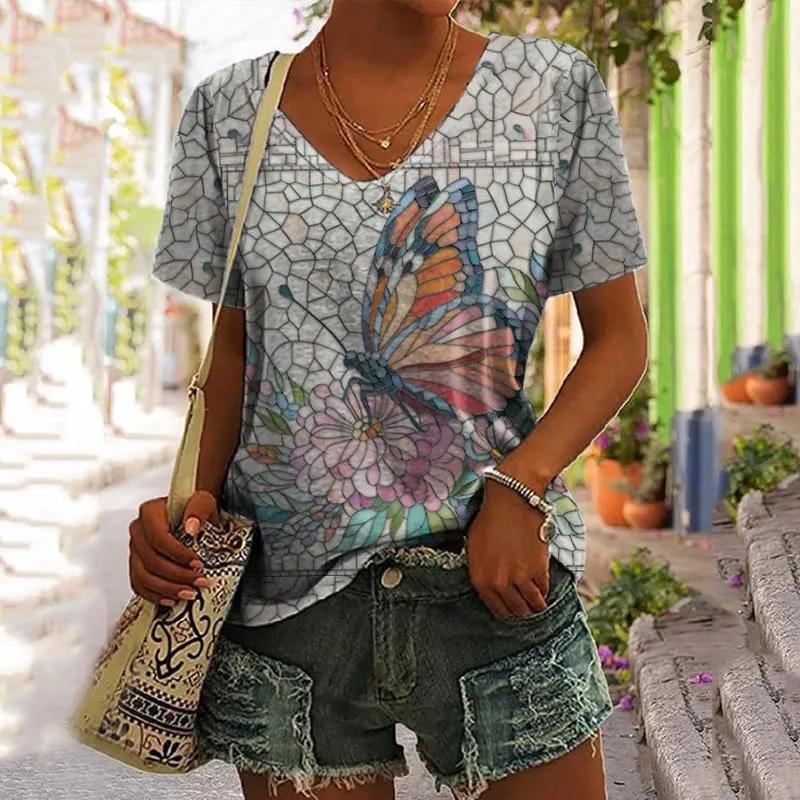 Summer V-neck 3D Flower Butterfly Printed Top Fashionable Casual Short Sleeved Women's T-shirts