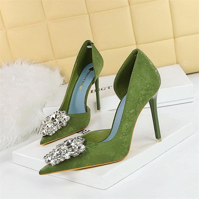 Fashion Spring Banquet Women's Shoes Thin Heels High Heels Shallow Mouth Pointed Toe Side Hollowed Out Rhinestones Single Shoes