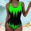 Women Plus Size Scoop Neck Wide Straps Printed Neon Green Black High Cut One Piece Swimsuit