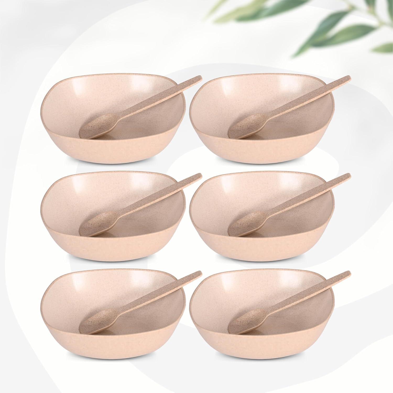 

Set of 6 Earth-Friendly Multipurpose Bowls for Kitchen with Spoons | 750 ml | Made with Rice Husk Biocomposite| Microwave Safe Bo