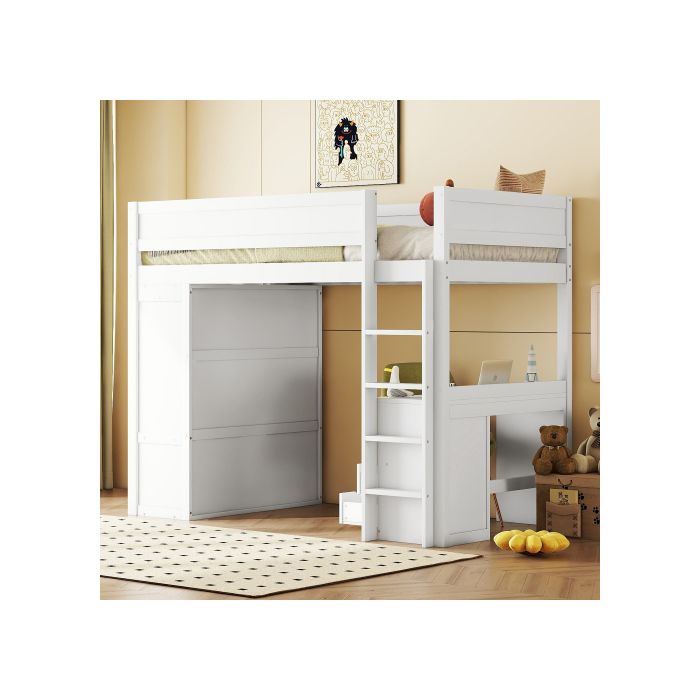 Lit mezzanine - MUVOE - 90x200cm - Blanc - Avec armoire et bureau - 2 tiroirs de rangement