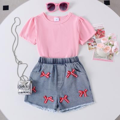 Girls Casual Suit Summer Kids Fashion Pink Short-sleeved T-shirt + Bow Denim Shorts Two-piece Set
