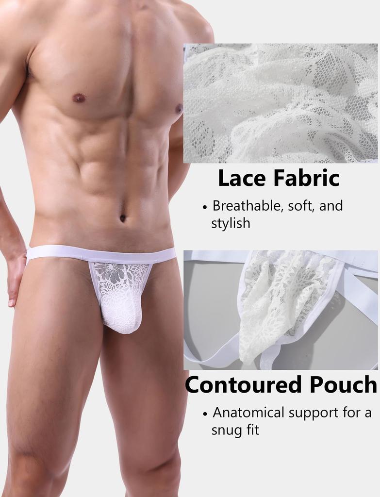 Maeau Lace Floral Print Sheer 3D Panties with Cross Perfect Gift for Dates and One Size Fits Most Men's T-Back Underwear, Lingerie, Jockstraps, Print,