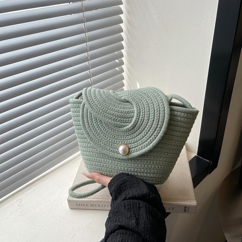 

Маленькая сумка-перекидка Fresh Pearl Сумка через плечо из хлопковой веревки Повседневная сумка на плечо из соломы Мини-пляжная сумка Женская сумка зелёный