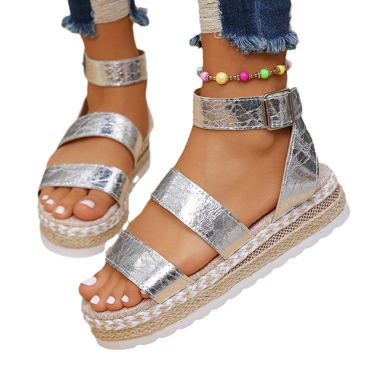 Large size platform beach sandals summer new wide strip hollow fish mouth fashion linen sole women's shoes