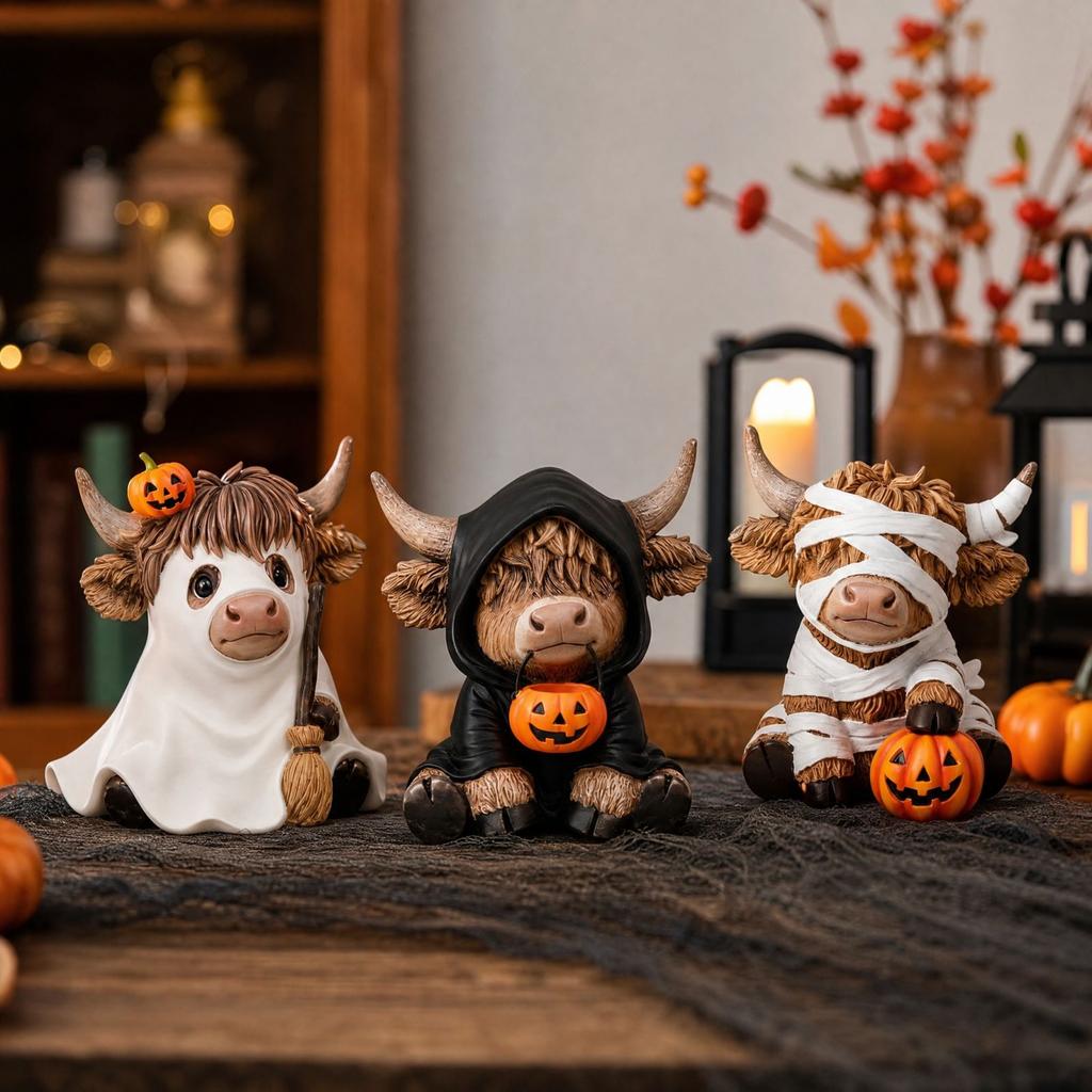 Zestaw 3 Dekoracji Krowy na Halloween, Figurki Krowy z Dynią, Dekoracja Stołu Świątecznego na Biurko
