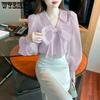 Early Spring Women's Shirt Chiffon V-neck Bowknot Shirt Small Crowd Style Pink Chiffon Shirt with Design