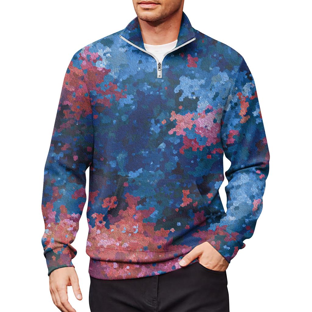Men's Loose Casual 1/4 Zip Sweatshirt Fashion Printed Long Sleeve Top With Pockets