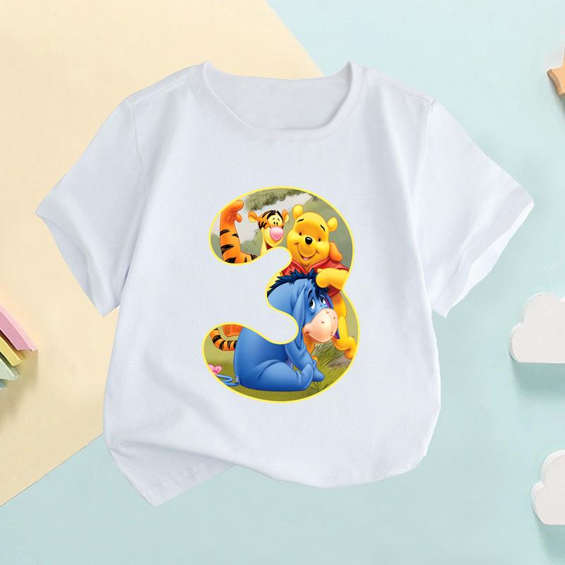 Winnie the Pooh Cute Bear Number Print Kids T shirt Girls Clothes 1 2 3 4 5 6 7 8 9 Years Birthday Baby Boys TShirtsHKP2756