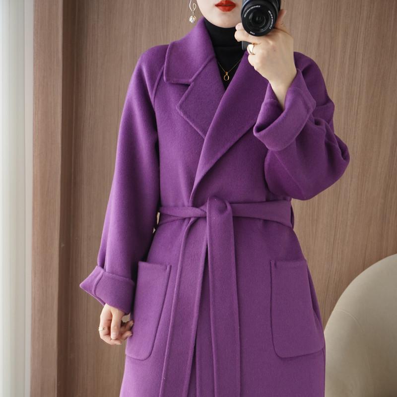 Damski płaszcz wełniany średniej długości dwustronny - 100% czysta wełna, luźny krój, pogrubiony na zimę