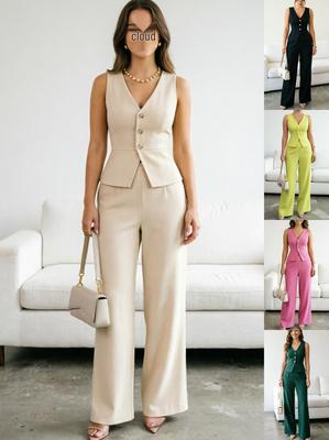 Elegantes Damen V-Ausschnitt Weste & Lange Hosen Sommer Zweiteiliges Set